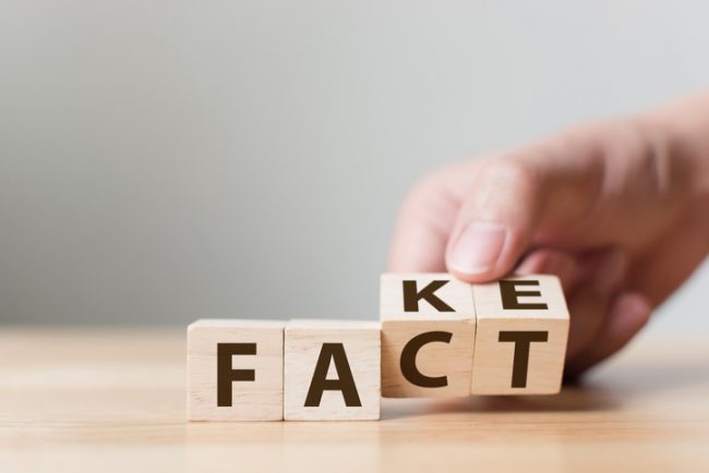 Fact or Fake concept, Hand flip wood cube change the word, April fools day