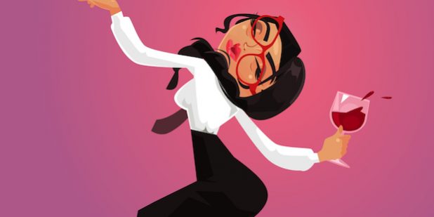 Happy smiling funny drunk alcoholic office worker manager collar employee have fun and drink alcohol wine. Corporate business party and alcoholism bad habit addiction concept. Vector flat cartoon graphic design isolated illustration