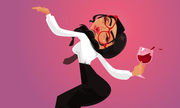 Happy smiling funny drunk alcoholic office worker manager collar employee have fun and drink alcohol wine. Corporate business party and alcoholism bad habit addiction concept. Vector flat cartoon graphic design isolated illustration